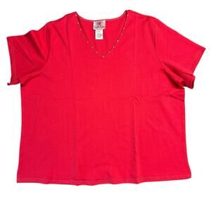 Quacker Factory 3X Top Pink Knit Rhinestones Short Sleeve V neck Cute Blouse